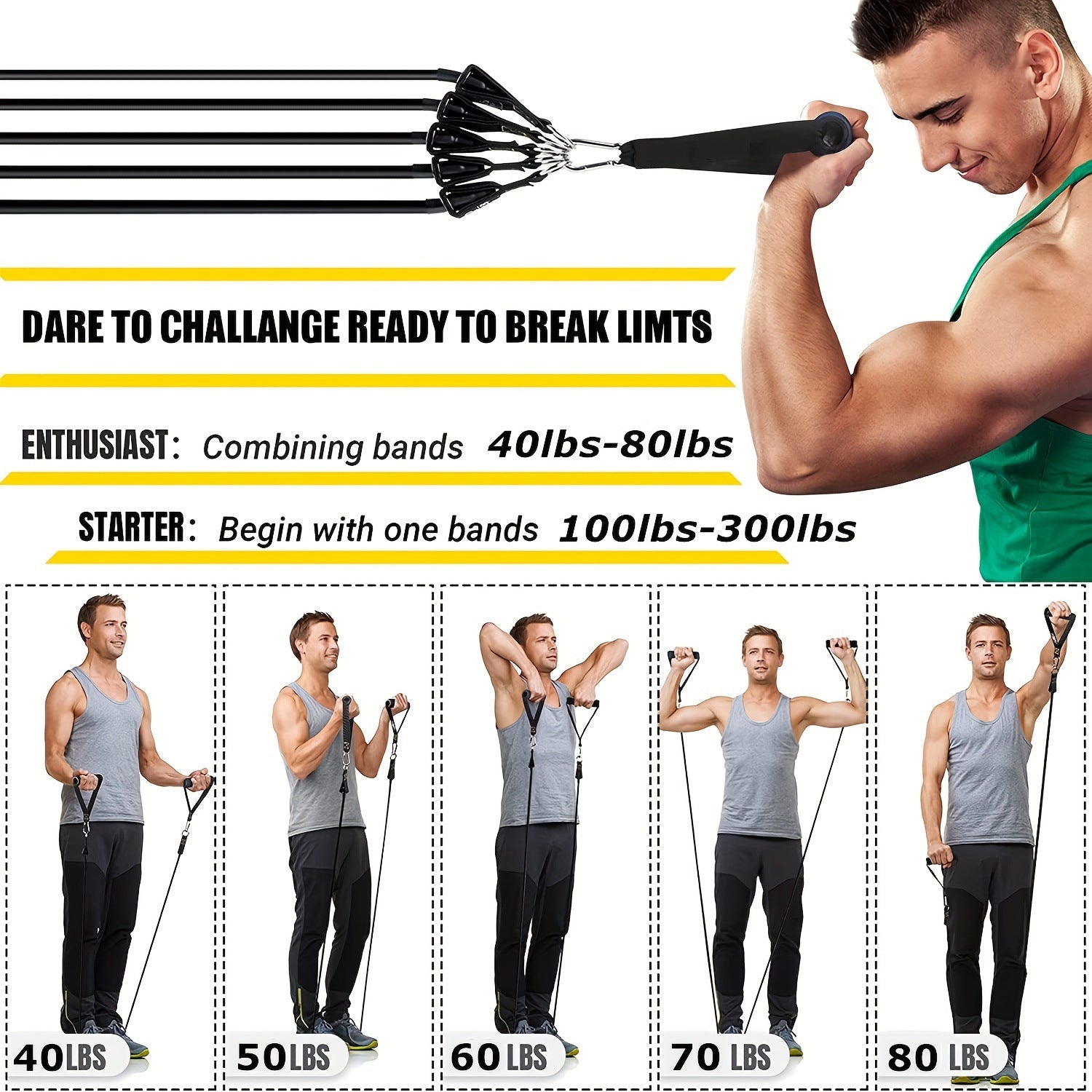 300-Pound Fitness Barbell Resistance Band Set